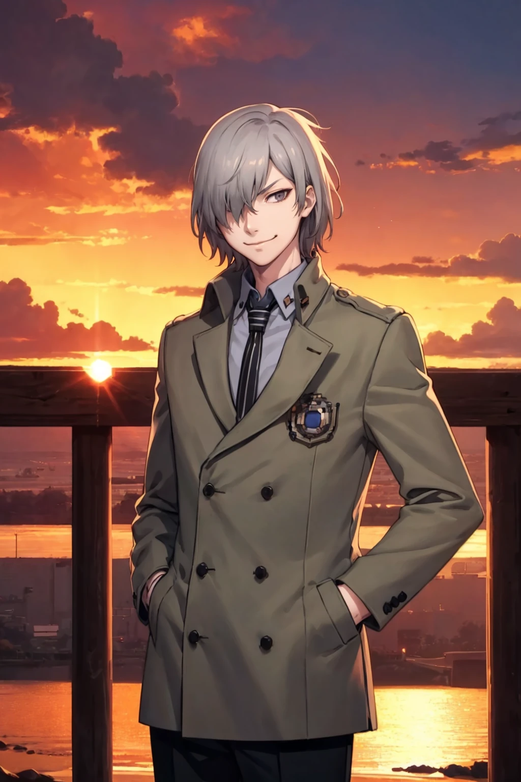 masterpiece, best quality, solo, 1boy, looking at viewer, smirk, <lora:YamatoV2_Fp:0.9>, yamatodesu2, hair over one eye, grey hair, sunset, sky, cloud, <lora:Akechi_Fp:0.8>, collared shirt, jacket, gloves, pants, necktie, hands in pockets,