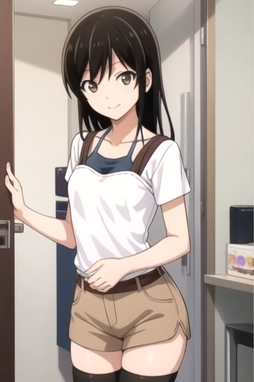 ((masterpiece)),(best quality),official art,extremely detailed CG,unity 8k wallpaper,ultra detailed,beautiful detailed eyes,extremely detailed face,office,1girl,solo,cowboy shot,looking at viewer,facing viewer,smile,long_hair,black_hair,sidelocks,bangs,brown_eyes,collarbone,white shirt,short_sleeves,medium_breasts,brown_shorts,shorts rolled up,zettai ryouiki,black_thighhighs,loafers,<lora:Ashisu Sahoto(mstast)>,