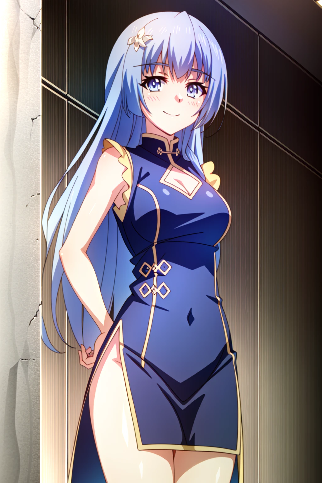 takeda hiromitsu style,(((masterpiece, highest quality:1.5,absurdres))),20 year old beauty,solo,((very small head)),long hair,bangs,dark blue hair,dark blue eyes,shy,smile,medium breasts,((very long body)),((toned body:1.2,slender body)),skinny,gleaming skin,shiny skin,((Dark blue cheongsam、Side slits)),standing,A luxurious dining venue、Western-style building、Many invited guests、