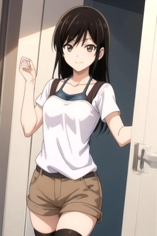 Suzume Iwato, Suzume Iwato, Black hair, (Brown eyes:1.5), Ponytail, hair clips, hair clips, hair pin,
BREAK skirt, Shirt, bow ribbon, Brown eyes,
BREAK looking at viewer,
Break indoors, crass room,
BREAK (masutepiece:1.2), Best Quality, High resolution, Unity 8k壁纸, (Illustration:0.8), (Beautiful detailed eyes:1.6), extra detailed face, Perfect Lighting, extremely details CG, (Perfect hands, Perfect Anatomy), 女の子1人、独奏、(White bra:1.1), (White panties:1.1),Smile