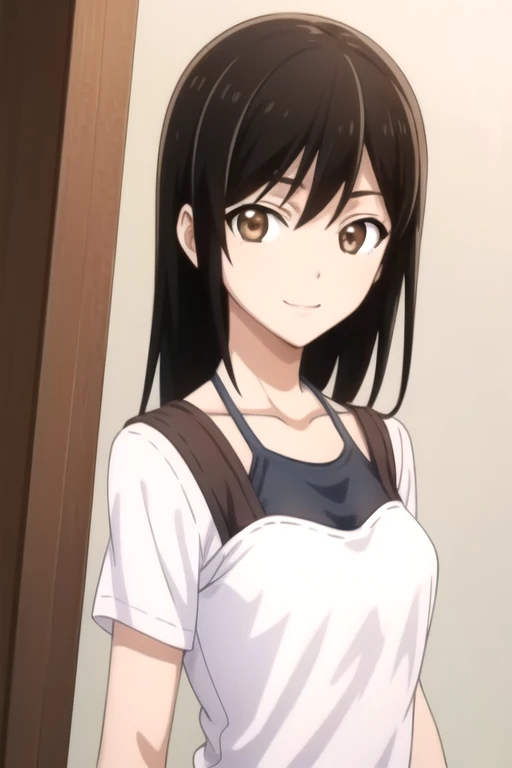 ((masterpiece)),(best quality),official art,extremely detailed CG,unity 8k wallpaper,ultra detailed,beautiful detailed eyes,extremely detailed face,1girl,solo,upper body,(portrait:1.5),looking at viewer,facing viewer,smile,long_hair,black_hair,sidelocks,bangs,brown_eyes,collarbone,white shirt,short_sleeves,medium_breasts,black_thighhighs,brown_shorts,loafers,<lora:Ashisu Sahoto(mstast)>,