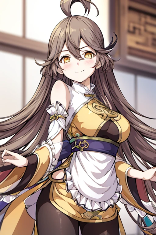 1girl, smile, blush, yellow eyes, brown hair,tdj zhugeai-1, long ahoge