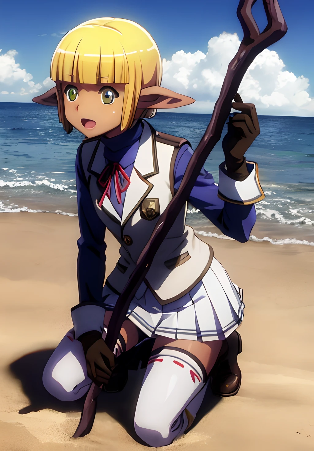 <lora:Overlord:0.8>, Overlord, Mare_Bella, solo, long hair, looking at viewer, open mouth, blue eyes, skirt, simple background, shirt, thighhighs, gloves, long sleeves, 1boy, dress, ribbon, holding, school uniform, standing, jacket, monochrome, full body, yellow eyes, weapon, male focus, pantyhose, pleated skirt, boots, outdoors, sky, day, elbow gloves, black thighhighs, cloud, white gloves, dark skin, miniskirt, cape, black footwear, holding weapon, :o, vest, white thighhighs, dark-skinned female, zettai ryouiki, v-shaped eyebrows, looking to the side, cosplay, no humans, kneeling, shadow, turtleneck, ocean, thigh boots, from above, beach, parody, brown footwear, dark-skinned male, white skirt, knee boots, bottle, looking up, blue shirt, staff, otoko no ko, ribbon trim, angry, androgynous, crossdressing, running, bow (weapon), holding staff, sand, wand, one knee, bishounen, thighhighs under boots, dark elf, ribbon-trimmed legwear, anime coloring, desert