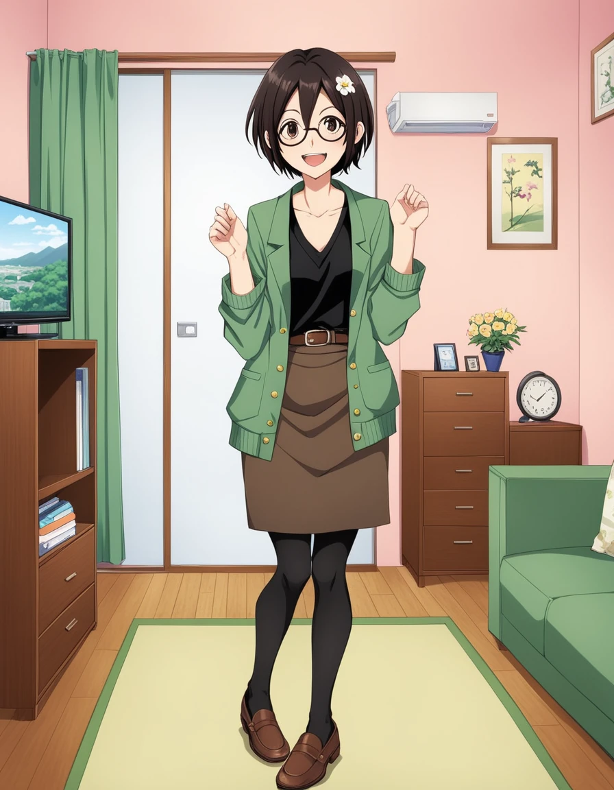 1girl,rgshiki,pastel style,<lora:RGShikiXL:0.75>,thick glasses,hair ornament,green jacket,black shirt,skirt,pantyhose,leather shoes,full body,happy,:d,in Japanese apartment,looking at viewer,anime color