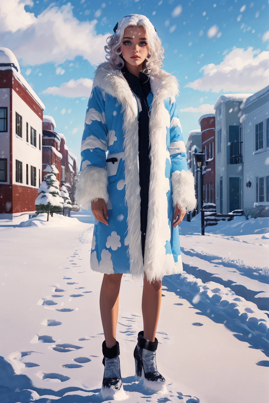 woman, pale skin, curvy, Adult, (half body photo:1.3), (Side Swept Curls:1.3), , <lora:cl0ud_fur_c04t:0.7>, cl0ud_fur_c04t, blue and white cloud coat, high heels, best quality, high detail, high quality, high res, 4k,eyeliner, pouty lips, detailed skin texture, (blush:0.5),(outside in the snow:1.4)