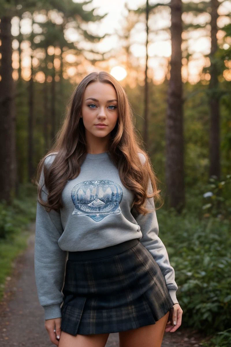 photo of S308_CourtneyKnox,a stunning woman,in a (forest:1.1),wearing a (sweatshirt:1.1) and a (skirt),(sunset),(4k, RAW photo, best quality, depth of field, ultra high res:1.1),(absurdres, intricate, photorealistic, masterpiece, ultra-detailed:1.1),