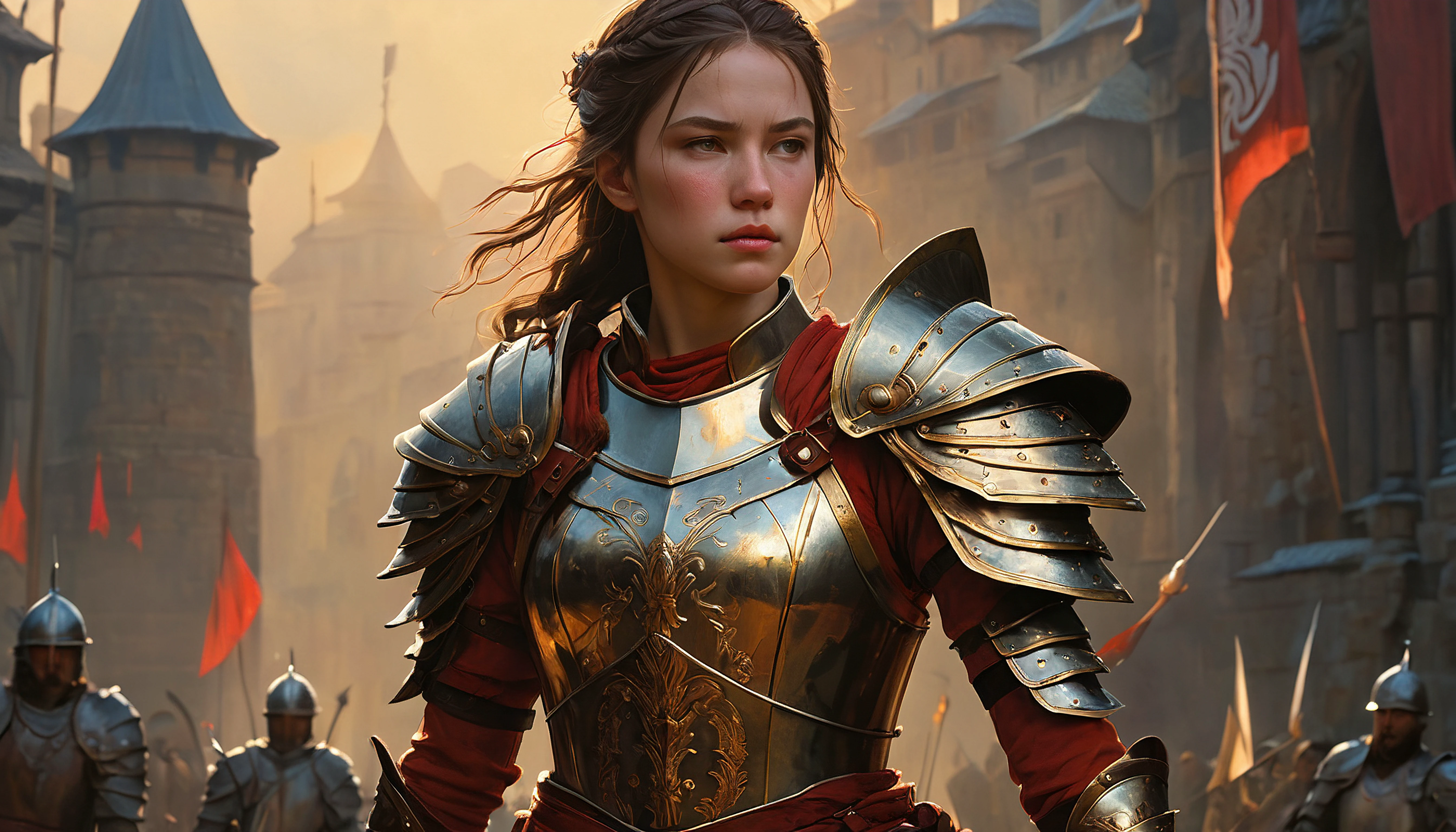Photo of a beautiful girl as a warrior, model shoot style, extremely detailed CG unity 8k wallpaper, full body shot of the most beautiful artwork in the world, medieval armor, professional majestic oil painting style by Ed Blinkey, Atey Ghailan, Studio Ghibli, by Jeremy Mann, Greg Manchess, Antonio Moro, trending on ArtStation, trending on CGSociety, Intricate, High Detail, Sharp focus, dramatic, photorealistic painting art by midjourney and Greg Rutkowski.