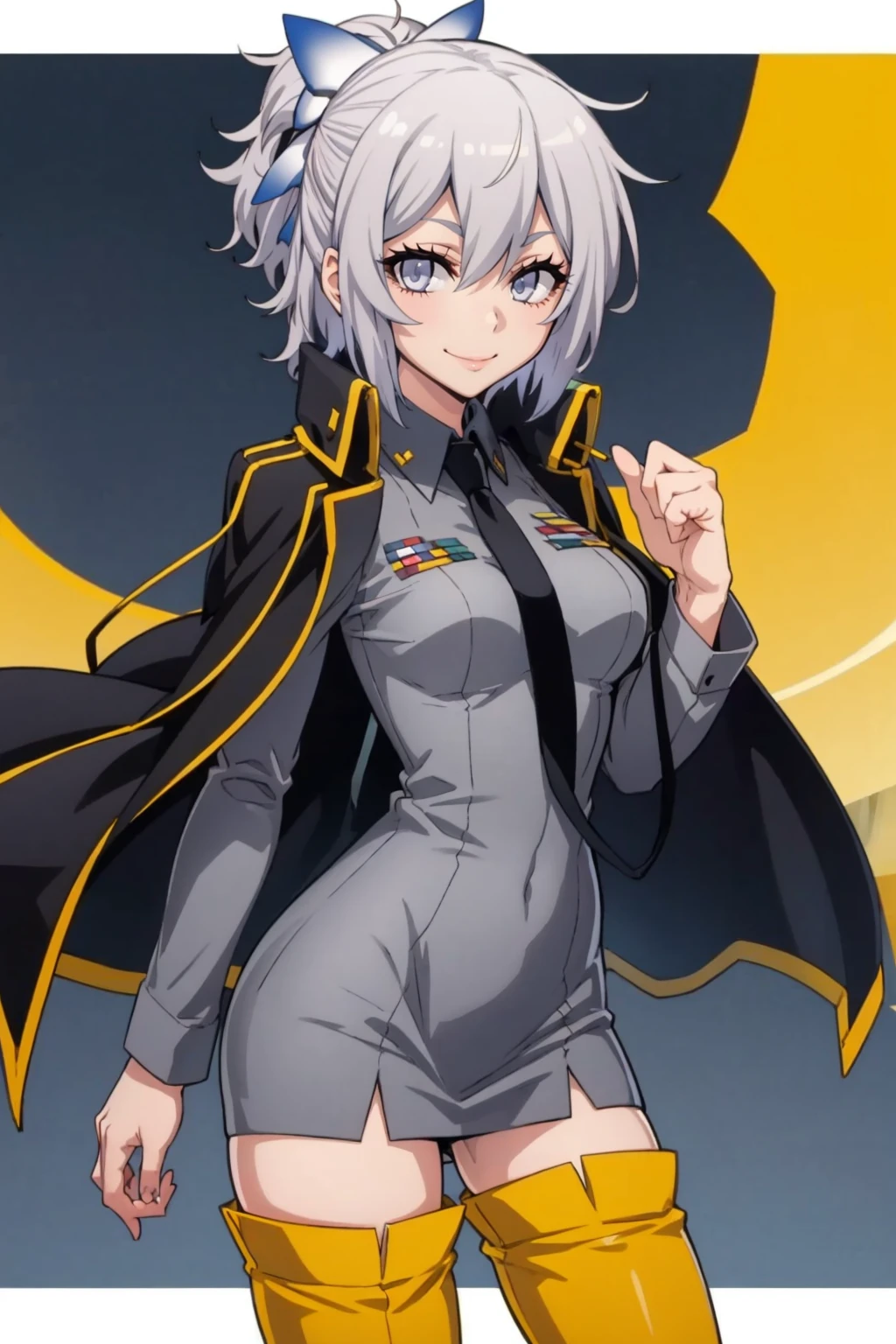 masterpiece, best quality, solo, 1girl, looking at viewer, smile, <lora:Miyako_Fp:1>, miyakodesu2, uniform, hair bow, thighhighs, shirt, necktie, jacket