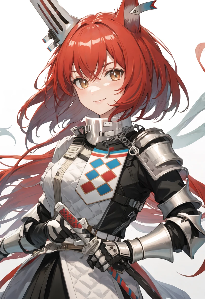 best quality, masterpiece, highres, solo, {flametail_arknights:0.90}, 1girl, closed_mouth, holding_sword, armor, gauntlets, looking_at_viewer, smile, white_background, upper_body, v-shaped_eyebrows, simple_background