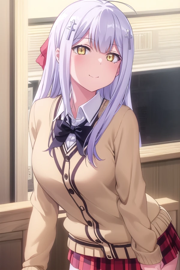 raphielshirahaainsworth, <lora:raphiel shiraha ainsworth s1-lora-nochekaiser:1>,
raphiel shiraha ainsworth, long hair, ahoge, white hair, hair ornament, cross hair ornament, (yellow eyes:1.3), smile, smug,
BREAK skirt, school uniform, shoes, socks, plaid, kneehighs, plaid skirt, cardigan, black socks, loafers, bow, black bow, bowtie, (white cardigan:1.2), red skirt,
BREAK indoors, classroom,
BREAK looking at viewer, (cowboy shot:1.5),
BREAK <lyco:GoodHands-beta2:1>, (masterpiece:1.2), best quality, high resolution, unity 8k wallpaper, (illustration:0.8), (beautiful detailed eyes:1.6), extremely detailed face, perfect lighting, extremely detailed CG, (perfect hands, perfect anatomy),