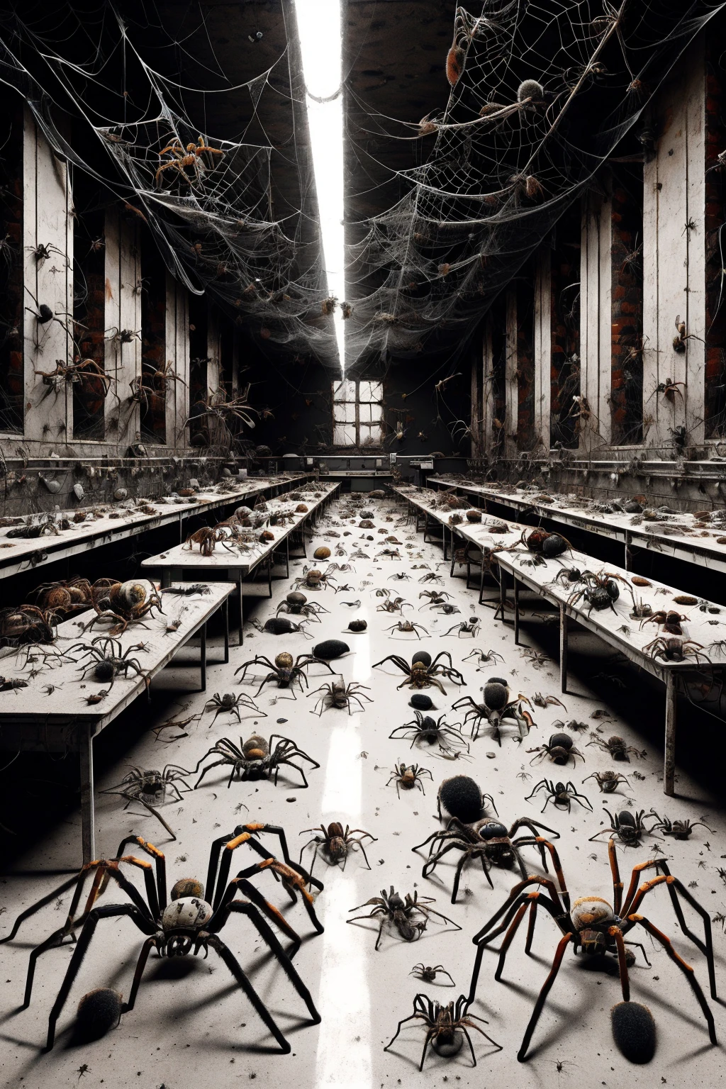 An abandoned scientific laboratory with scattered equipment and broken test tubes, the benches and floors crawling with ais-spiderz, suggesting a science experiment gone eerily wrong <lora:Spiders_Style_SD1.5:1>