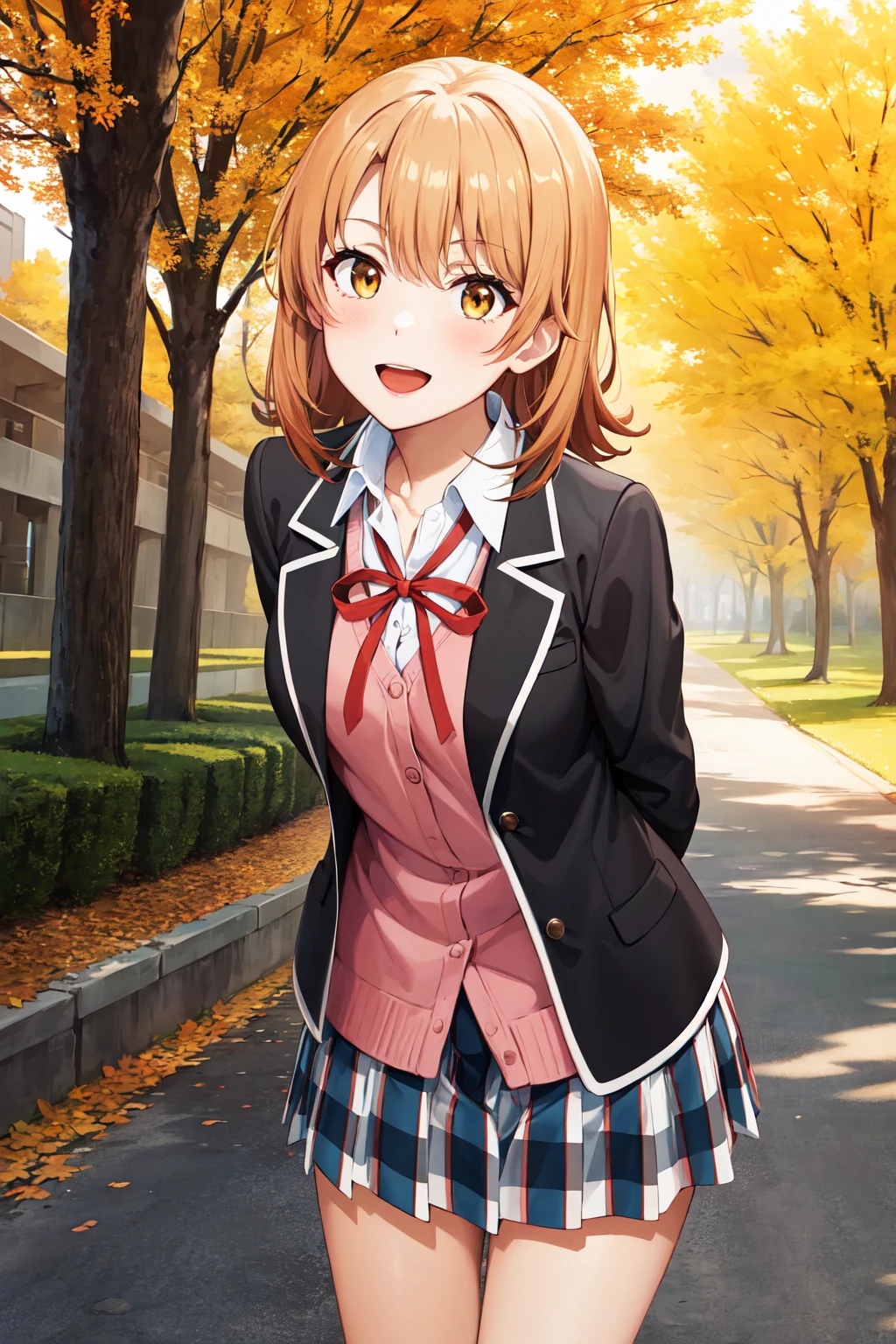 masterpiece, best quality, highres, aairoha, medium hair, school uniform, neck ribbon, collared shirt, blazer, black jacket, open jacket, long sleeves, plaid skirt, <lora:isshiki_iroha_v1:0.7>, standing, cowboy shot, leaning forward, arms behind back, smile, open mouth, outdoors, autumn,