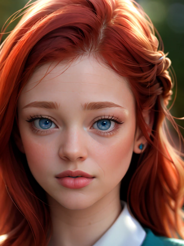 Realistic photo of a beautiful s4r4hs woman,1girl,solo,long hair,looking at viewer,blue eyes,red hair,parted lips,teeth,blurry,lips,portrait,close-up,realistic,nose, soft lighting, professional Photography, Photorealistic, detailed, RAW, analog, sharp focus, 8k, HD, high quality, masterpiece<lora:s4r4hs:1.0>
