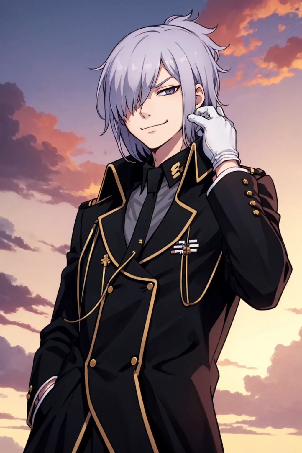 masterpiece, best quality, solo, 1boy, looking at viewer, smirk, <lora:YamatoV2_Fp:1>, yamatodesu2, necktie, gloves, black uniform, hair over one eye, hand in pocket,