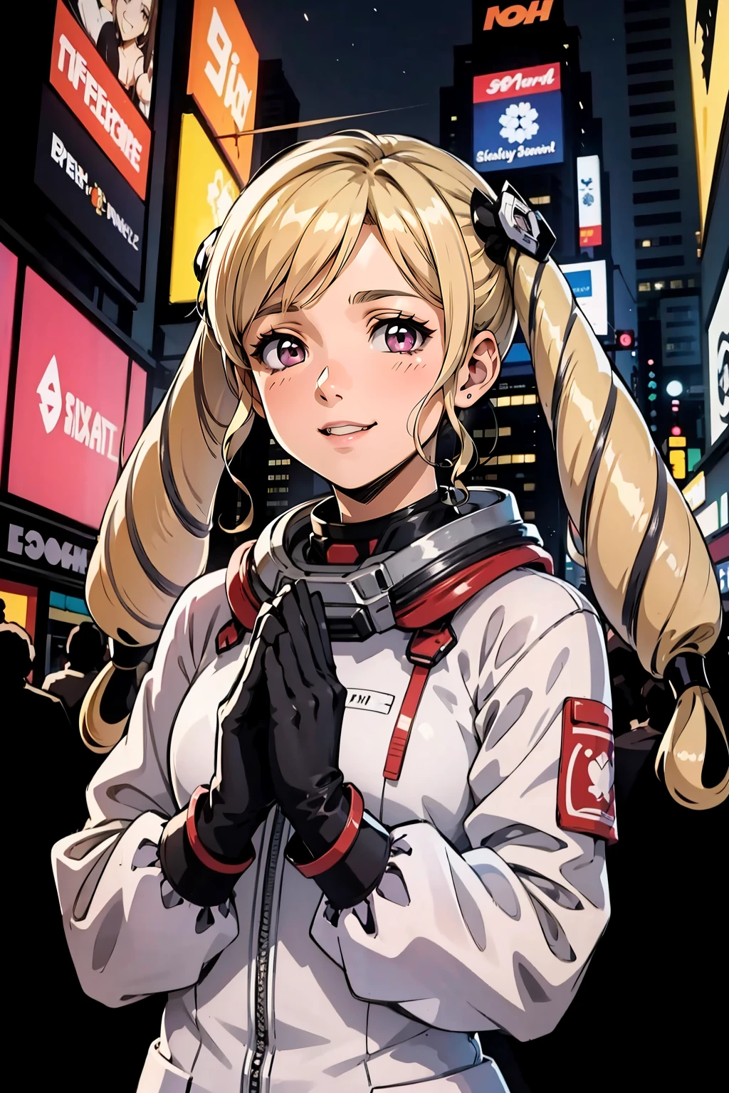 masterpiece, best quality,  <lora:EPfeElise-10:1> EPfeElise, blonde hair, twintails, trim marks, times square, day, own hands together, hazmat suit, seductive smile