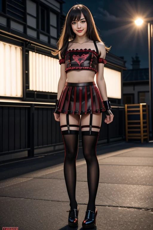 ((Masterpiece, best quality, cinematic lighting, 8k, full body shot, long hair)), (smile:0.85), (realistic scenic background)
<lora:Red_Latex_Skirt_Top_By_Stable_Yogi:0.8>
latex red and black pleated micro skirt, black printed top, midriff, thigh highs, garter straps, shoes