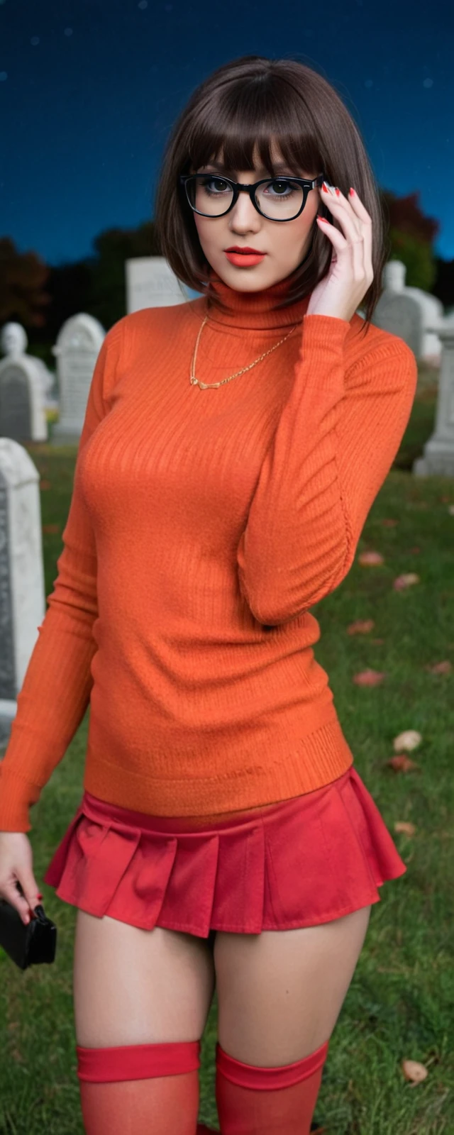 cinematic photo a woman with black frame glasses, (((full body))), orange turtleneck sweater, red mini skirt, cemetery, night <lora:Velma1024-000360:0.6> . 35mm photograph, film, bokeh, professional, 4k, highly detailed