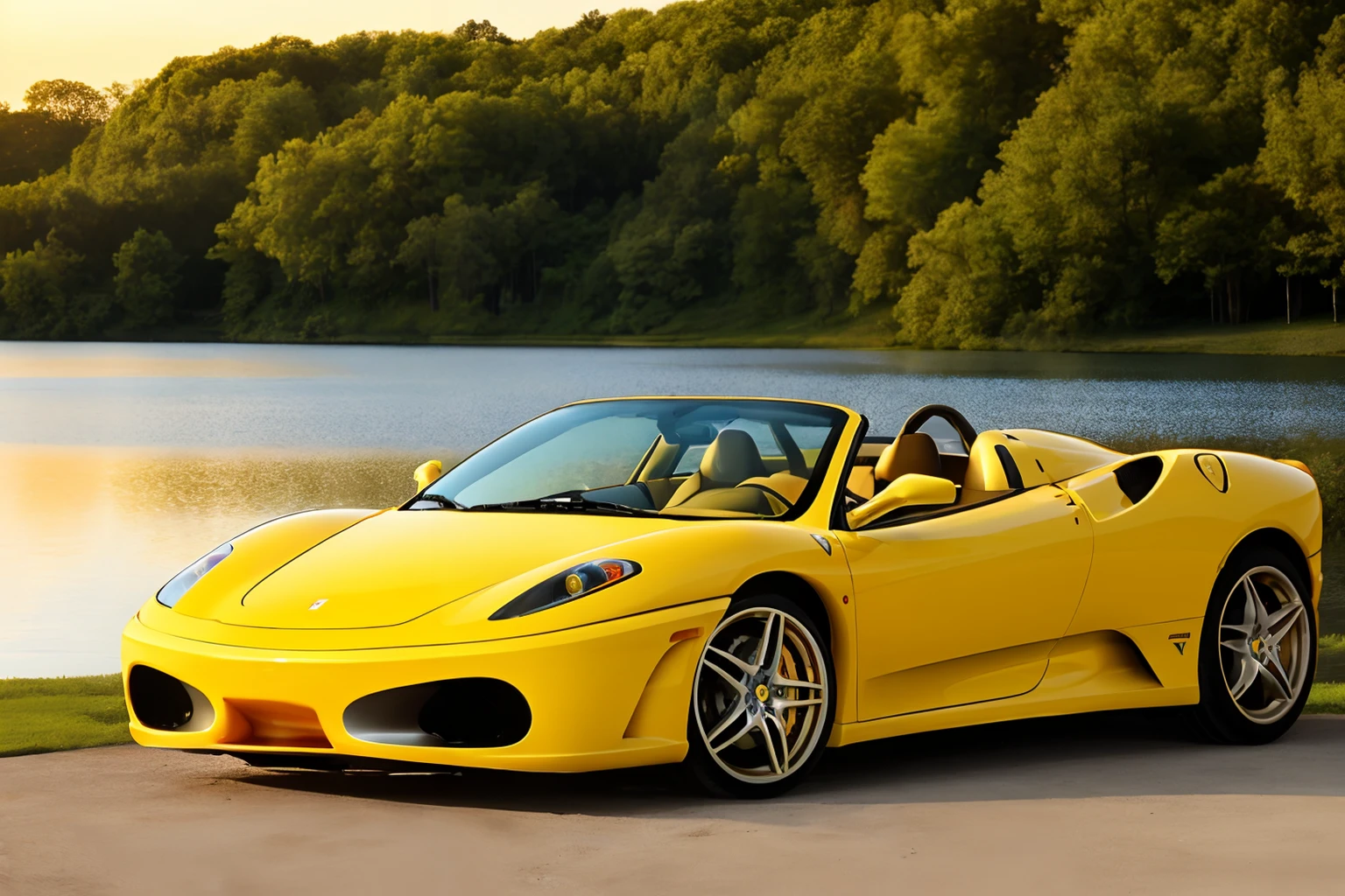 Photo of a yellow Ferrari F430 parked in front of a tranquil lake at sunset <lora:Ferrari_F430_Spider:.7>