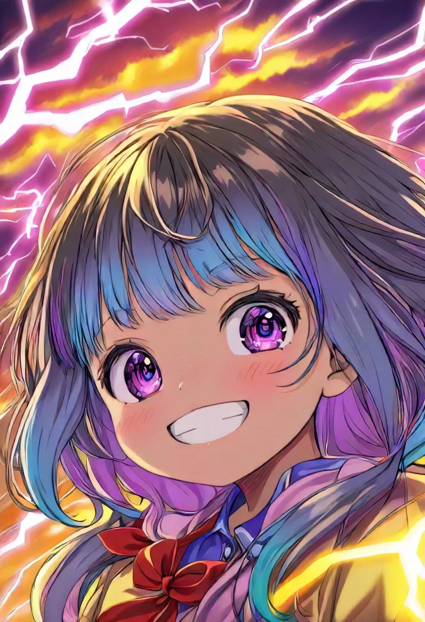 closeup, Anna Yamada, happy face, school classroom background, sunset lightning, detailed, vibrant colors