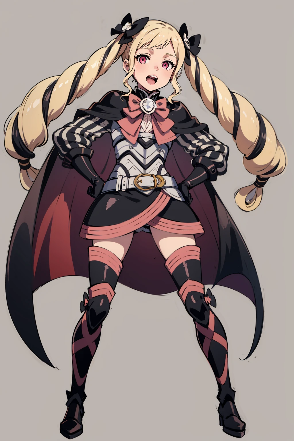 masterpiece, best quality, <lora:EPfeElise-10:1> EPfeElise, blonde hair, twintails, armored boots, belt, black bow, black footwear, black gloves, boots, bow, cape, ascot, gloves, hair bow, hand on own hip, long hair, long sleeves, multicolored hair, open mouth