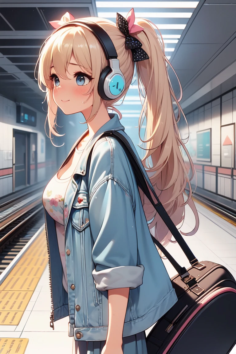 (((masterpiece))), (((best quality))), (((mrt platform))), (((from side))), (carrying a guitar case on behind:1.15), fashion pattern pink T-shirt, ((cyan denim jacket)), navigation sign, 1girl, smile, walking, headphones, ribbon, blond twintails, collarbone, cleavage, (big tits), skirt, sweat, shy. blush, slim figure, thin waist, exit, <lora:girllikeguitarcase:1>, (((masterpiece))), (((best quality))), (((half body photo))), solo, 1girl, longhair, cleavage, big tits,