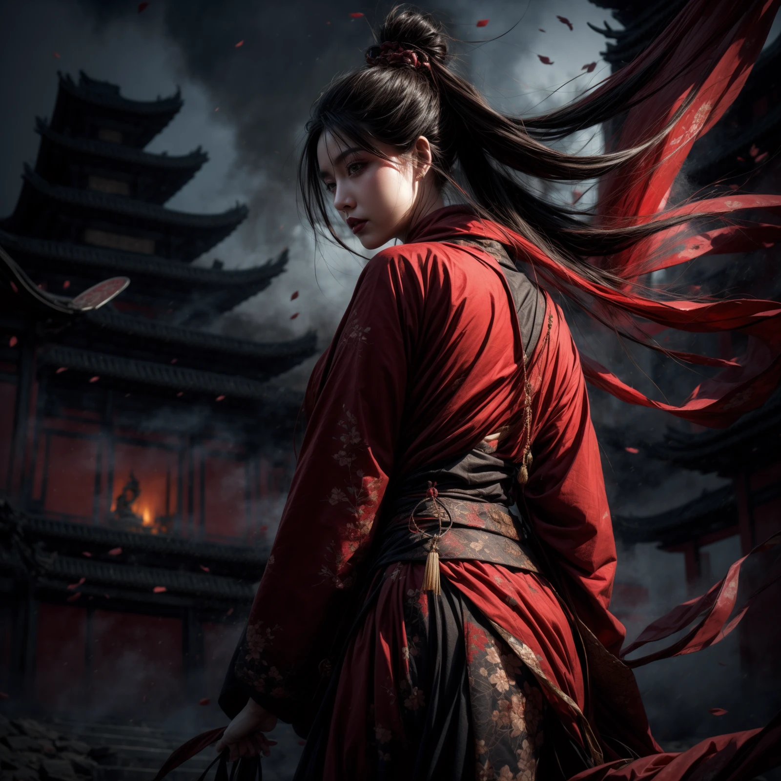 Cinematic Lighting,reality,front view,1girl,long hair,jewelry,forehead mark,looking at viewer,Blood Mist,despair,Blood Cherry Blossom,torn clothes,solo,Gunpowder smoke,beautiful deatailed shadow,dust,tyndall effect,east_asian_architecture,rubble_ruins,<lora:benevolence_sd15:1>,cibei,<lora:add_detail:1>,