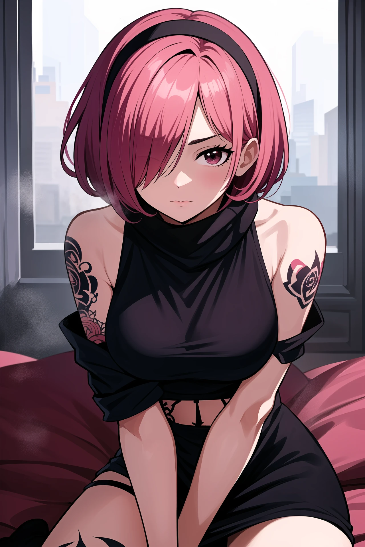 (inzaniak:1.3),oregano551,hair over one eye,hairband,black hairband,bare shoulders,highres,vinsmoke reiju,solo,short hair,breasts,scarf,blue scarf,1girl,pink hair,tattoo,leg tattoo,curly eyebrows,looking at viewer,one piece