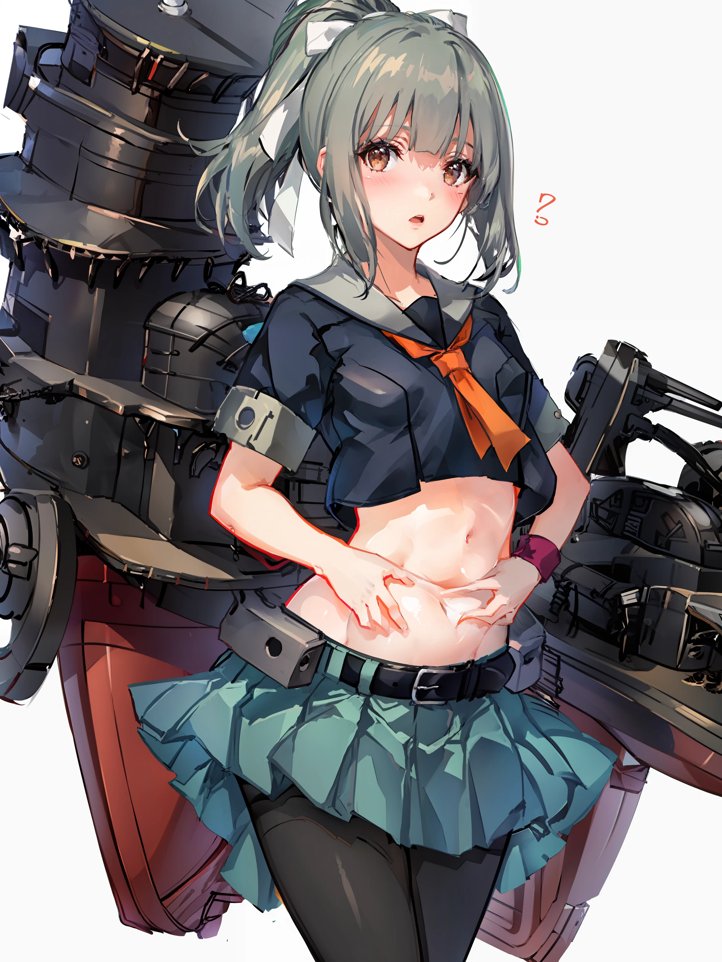 yubari \(kancolle\), 1girl, solo, pantyhose, skirt, hands on own stomach, white background, simple background, pleated skirt, school uniform, green skirt, blush, navel, serafuku, looking at viewer, short sleeves, black pantyhose, grey hair, midriff, cowboy shot, crop top, open mouth, sailor collar, belly grab, ribbon, small breasts, shirt, breasts, thighband pantyhose, black shirt, bow, necktie, standing, neckerchief, white ribbon, original, intricate detail, illustration, masterpiece, extremely detailed CG unity 8k wallpaper, highlight, sharpening, dynamic, <lora:Yubari-4:0.8>,