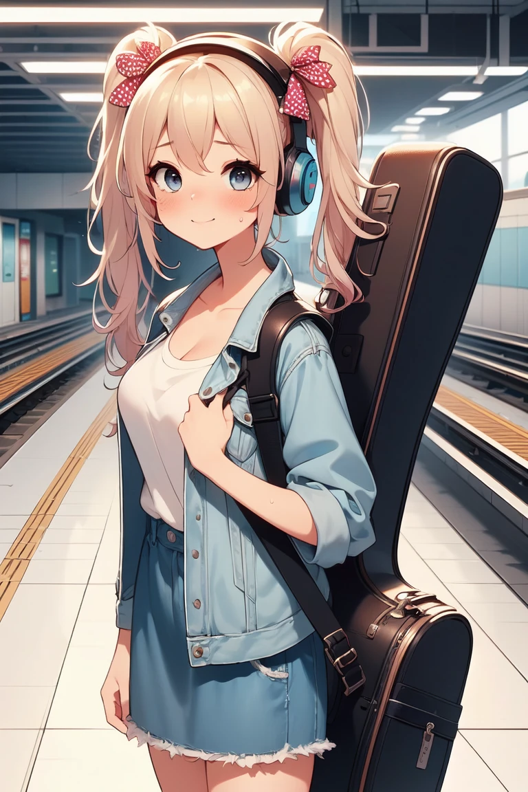 (((masterpiece))), (((best quality))), (((mrt platform))), (carrying a guitar case on behind:1.15), fashion pattern pink T-shirt, ((cyan denim jacket)), navigation sign, 1girl, smile, walking, headphones, ribbon, blond twintails, collarbone, cleavage, (big tits), skirt, sweat, shy. blush, slim figure, thin waist, exit, <lora:girllikeguitarcase:1>, (((masterpiece))), (((best quality))), (((half body photo))), solo, 1girl, longhair, cleavage, big tits,