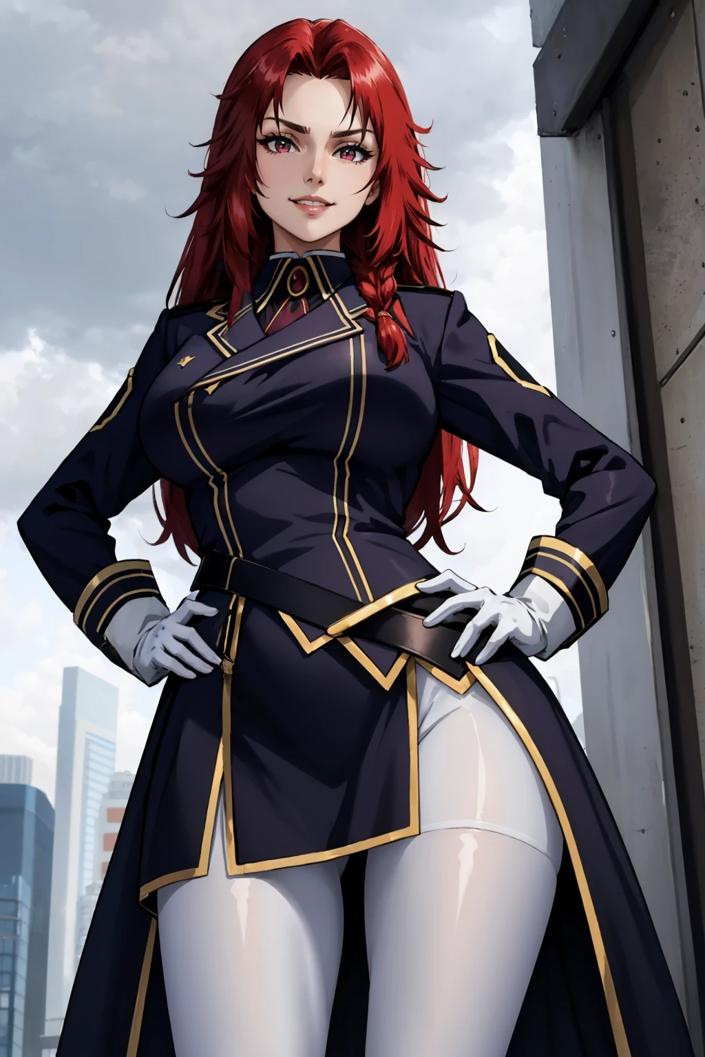 masterpiece, best quality, <lora:irismidgar-nvwls-v1-000009:0.8> iris midgar, black coat, black uniform, long sleeves, gold trim, black skirt, white pantyhose, belt, white gloves, large breasts, hands on hips, grin, furrowed brow, looking at viewer, from below, grey sky