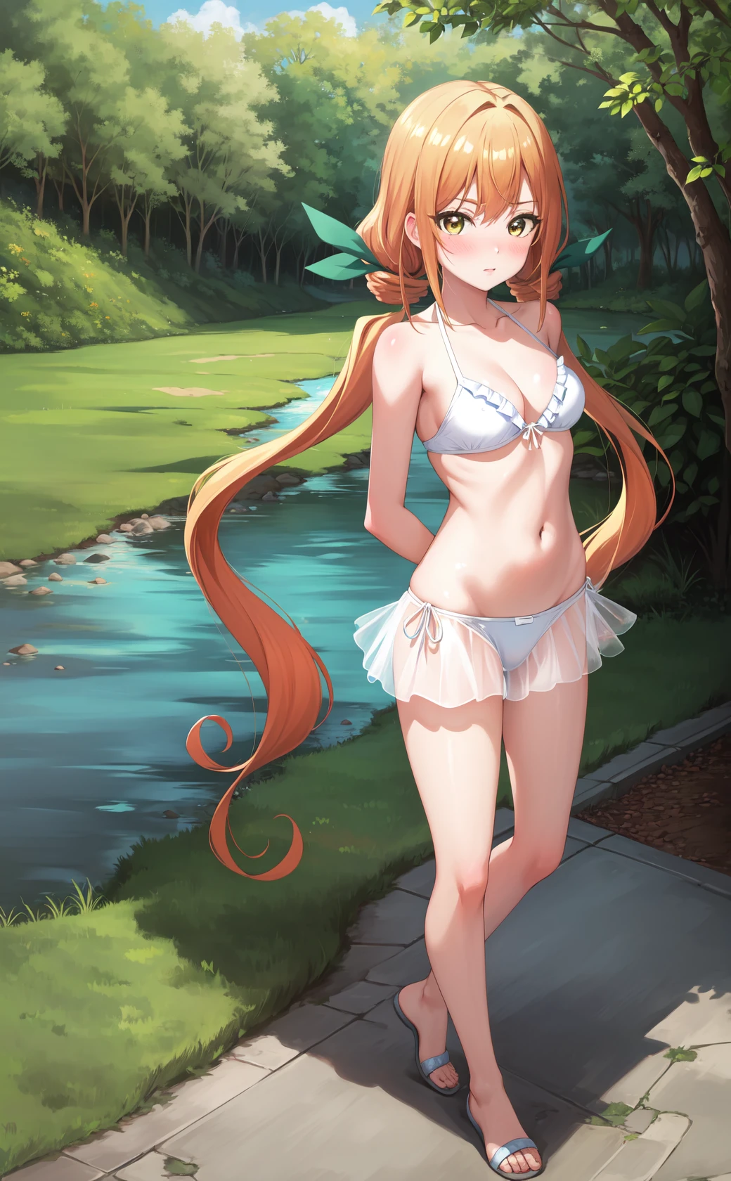masterpiece, best quality, highres,
IndaDef, 1girl, solo, orange hair, v-shaped eyebrows, brown eyes, yellow eyes, very long hair, long hair, twintails, low twintails, hair ornament, blush, bangs, hair ribbon, ribbon, green ribbon,
side-tie bikini bottom, white bikini, frilled bikini, bikini skirt, navel, cleavage, collarbone, swimsuit, bikini, frills, shiny, shiny hair, groin,
full body, looking at viewer, arms behind back, outdoors, forest, field, sky, blue sky, sunlight, water, reflection, river, <lora:LoRA_Inda:1>