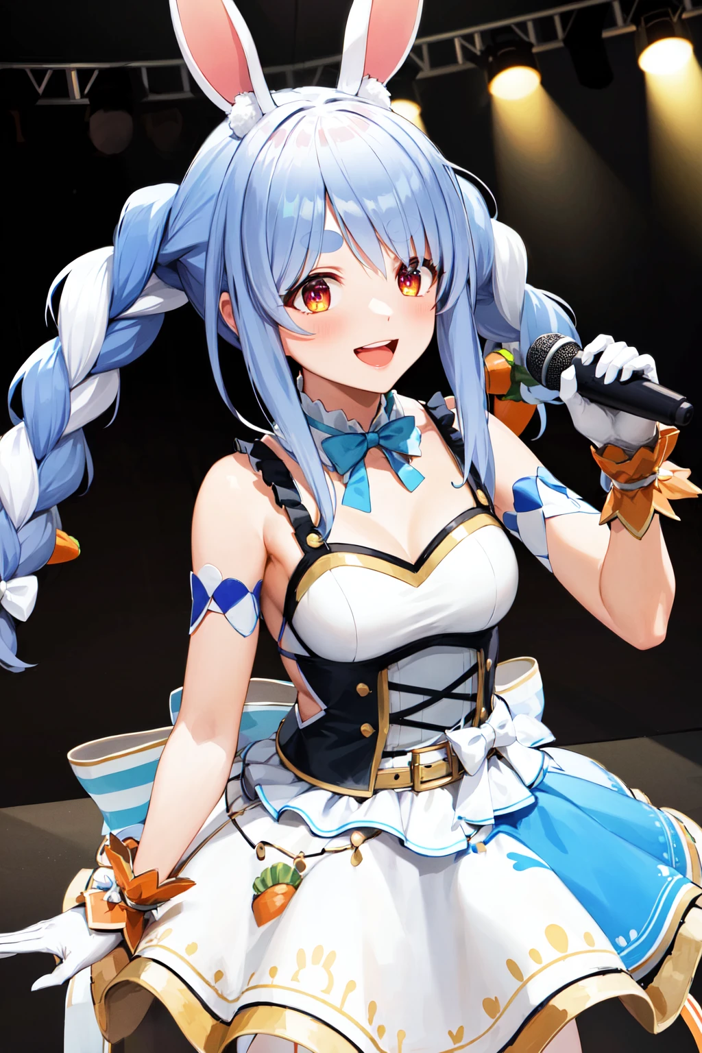 masterpiece, best quality, highres, ccpekora, long hair, rabbit ears, <lora:usada_pekora_v1:0.9>, holding microphone, stage, smile, open mouth, singing,