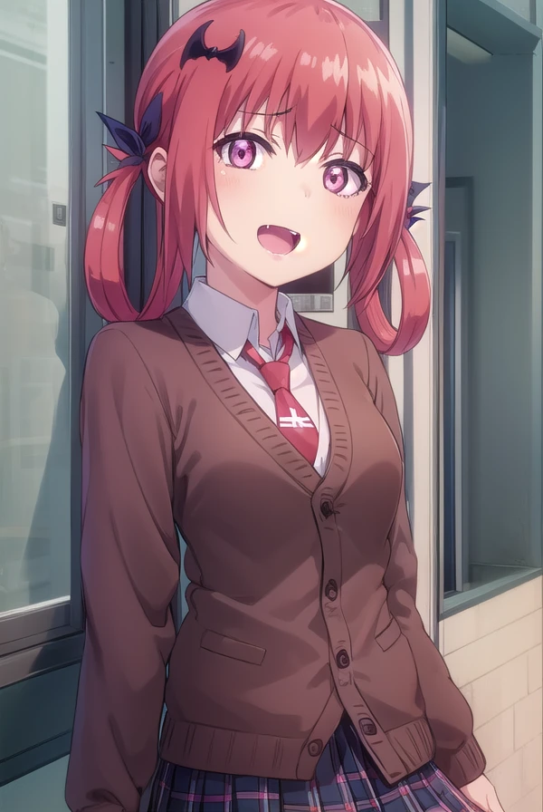 satanichiakurumizawamcdowell, <lora:satanichia kurumizawa mcdowell s1-lora-nochekaiser:1>,
satanichia kurumizawa mcdowell, hair ornament, red hair, hair rings, bat hair ornament, (pink eyes:1.3), fang, smile, open mouth, smug,
BREAK skirt, shirt, school uniform, pleated skirt, necktie, shoes, socks, collared shirt, plaid, kneehighs, black shirt, plaid skirt, cardigan, black socks, inverted cross, (brown cardigan:1.2),
BREAK indoors, classroom,
BREAK looking at viewer, (cowboy shot:1.5),
BREAK <lyco:GoodHands-beta2:1>, (masterpiece:1.2), best quality, high resolution, unity 8k wallpaper, (illustration:0.8), (beautiful detailed eyes:1.6), extremely detailed face, perfect lighting, extremely detailed CG, (perfect hands, perfect anatomy),