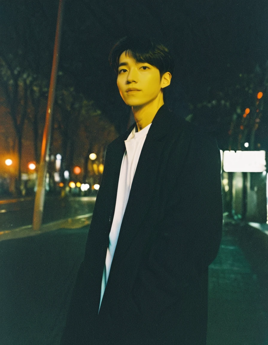 young man,Asian ethnicity,white shirt,black coat,ambient lighting,street lights,film grain,portrait,looking at camera,dark hair,outdoors,shallow depth of field,blurred background,cinematic feel,orange long upper shan,