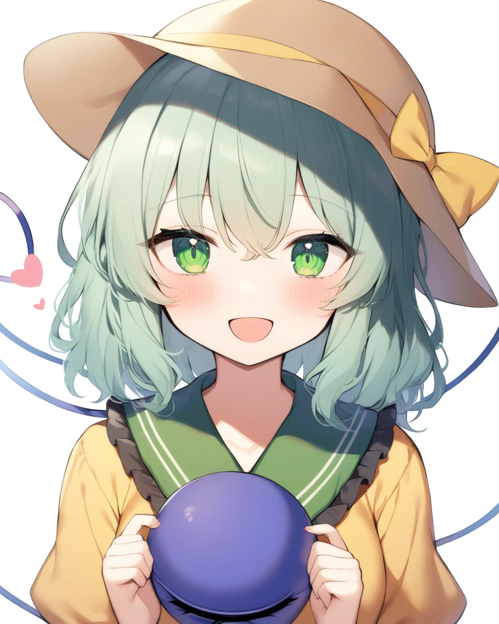 masterpiece,best quality,<lora:dongfangv1-000008:1>,koishi_touhou,komeiji_koishi_touhou,1girl,solo,white_background,heart_of_string,hat_removed,simple_background,upper_body,open_mouth,holding_hat,blush,looking_at_viewer,:d,yellow_shirt,frilled_shirt_collar,yellow_ribbon,depth_of_field,