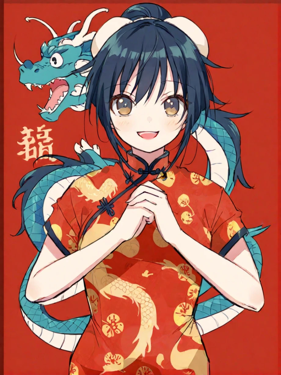 (1girl:1.2),(solo:1.2),masterpiece,best quality,highly detailed,best quality,illustration,highres,extremely detailed wallpaper,anime screencap,third-party edit,happy,qipao,chinese new year,chinese dragon,
nice hands,perfect hands,palm-fist greeting,bainian pose ,<lora:bainianPoseXL:1>,