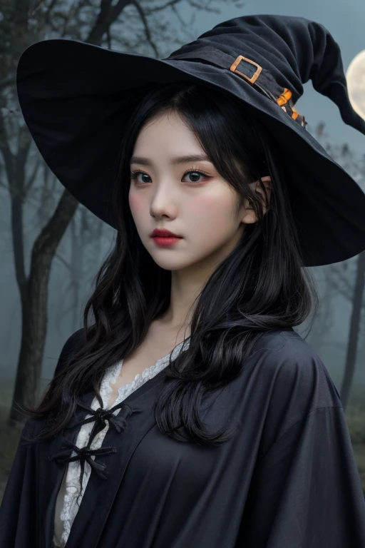 1girl, solo, 4k HDR, realistic, ultra detailed, natural lighting, wearing a witch outfit with long hair, halloween theme background with gloomy pumpkin glowing in the dark and full moon, scattered cloud, asymmetrical wavy long hair, black hair, (detailed face), (detailed background :1.1), upper body, wearing witch hat, black shirt under magic pattern robe,