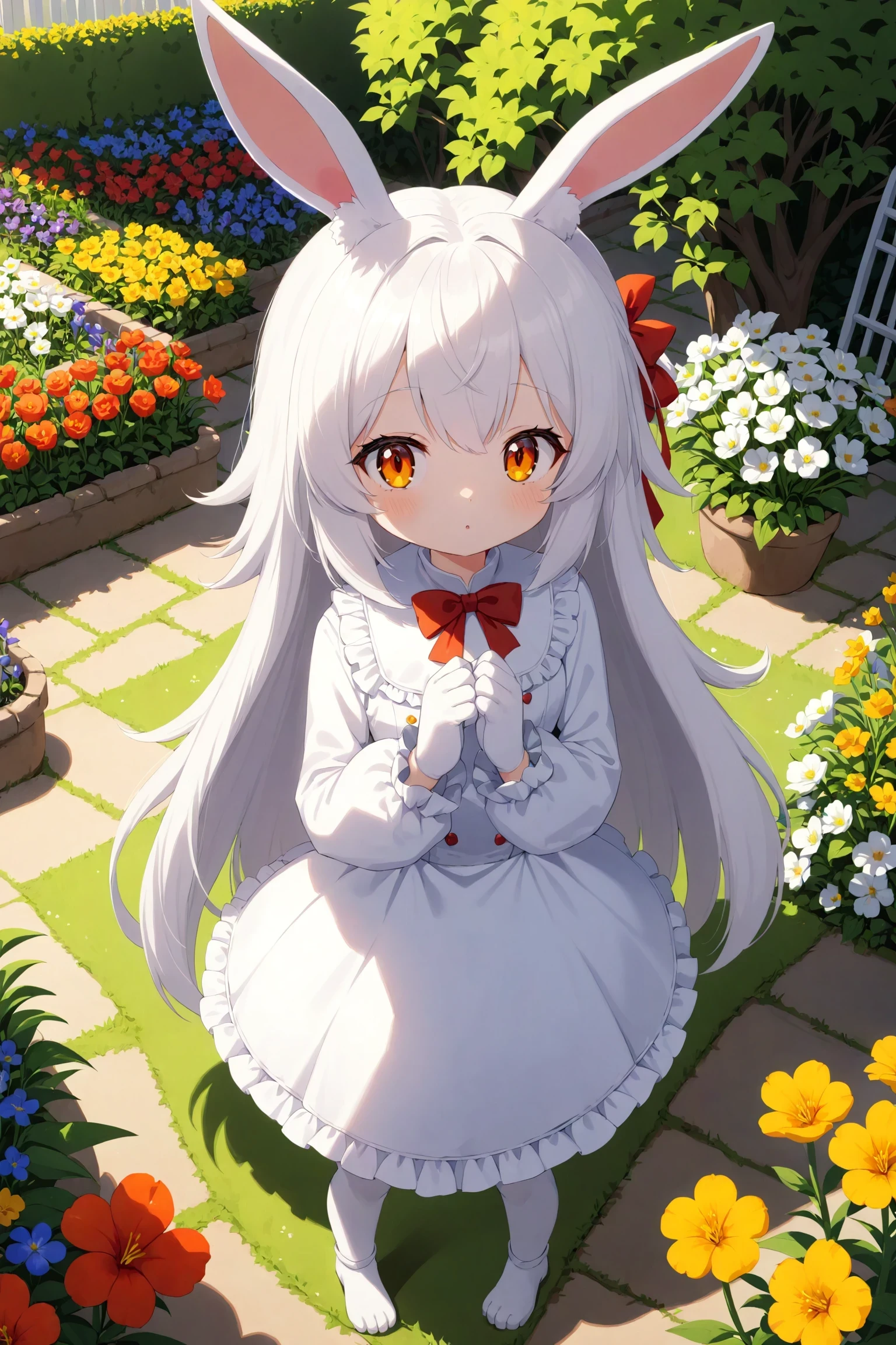 1girl, solo, furry, rabbit girl, white hair, garden