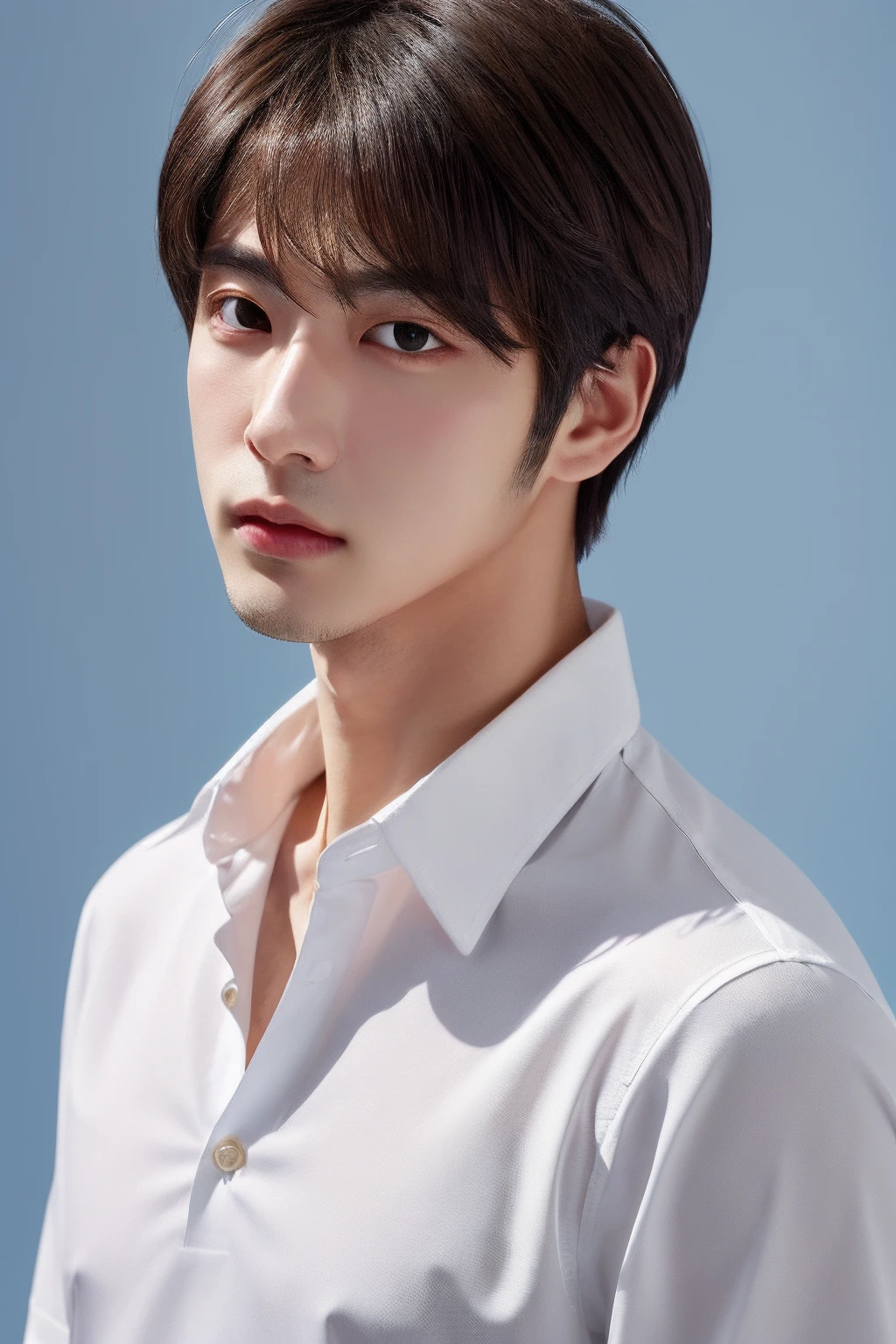 solo, 1boy, male focus, realistic, shirt, white shirt, upper body, looking at viewer, simple background, brown hair, black hair, brown eyes, closed mouth, black eyes, lips, blue background