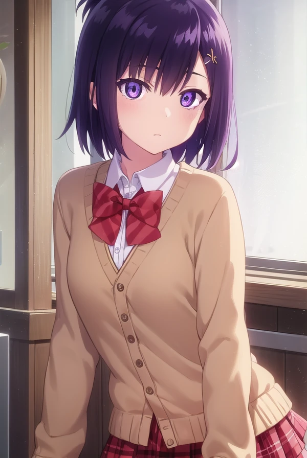vignettetsukinoseapril, <lora:vignette tsukinose april s1-lora-nochekaiser:1>,
vignette tsukinose april, short hair, hair ornament, (purple eyes:1.1), purple hair, hairclip, x hair ornament, topknot,
BREAK skirt, shirt, bow, school uniform, pleated skirt, bowtie, red bow, plaid, red skirt, plaid skirt, cardigan, brown cardigan,
BREAK indoors, classroom,
BREAK looking at viewer, (cowboy shot:1.5),
BREAK <lyco:GoodHands-beta2:1>, (masterpiece:1.2), best quality, high resolution, unity 8k wallpaper, (illustration:0.8), (beautiful detailed eyes:1.6), extremely detailed face, perfect lighting, extremely detailed CG, (perfect hands, perfect anatomy),