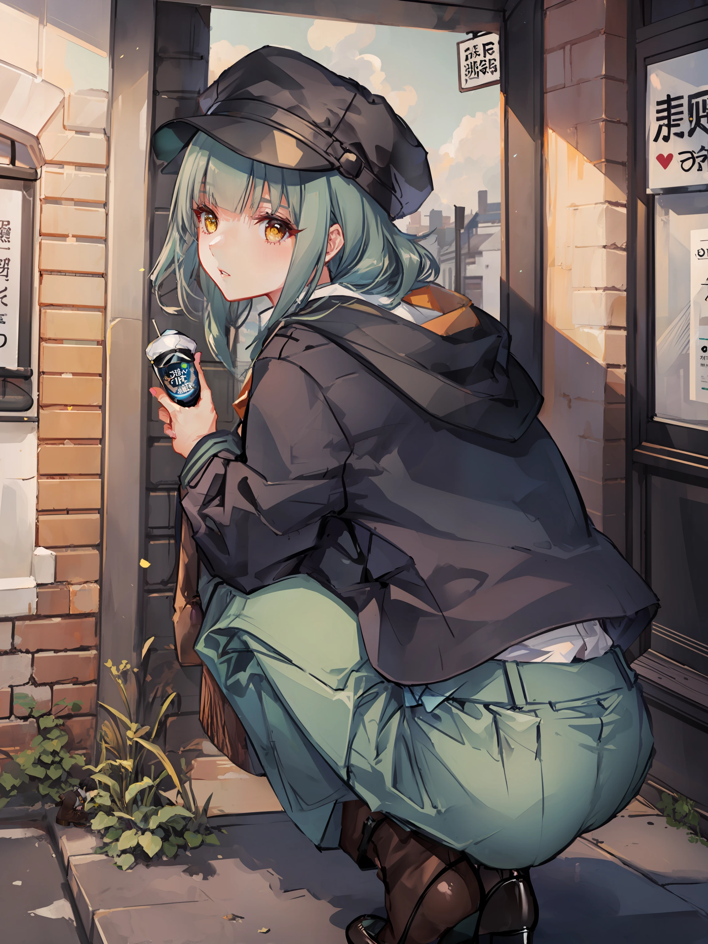 yubari otaru \(kancolle\), 1girl, solo, brown footwear, ground vehicle, squatting, hat, outdoors, black headwear, green skirt, day, green pants, pants, motor vehicle, looking at viewer, from behind, long sleeves, bangs, looking back, high heels, sky, blunt bangs, ass, yellow eyes, jacket, parted lips, building, cloud, shirt, alternate costume, official alternate costume, original, intricate detail, illustration, masterpiece, extremely detailed CG unity 8k wallpaper, highlight, sharpening, dynamic, <lora:Yubari-4:0.8>,