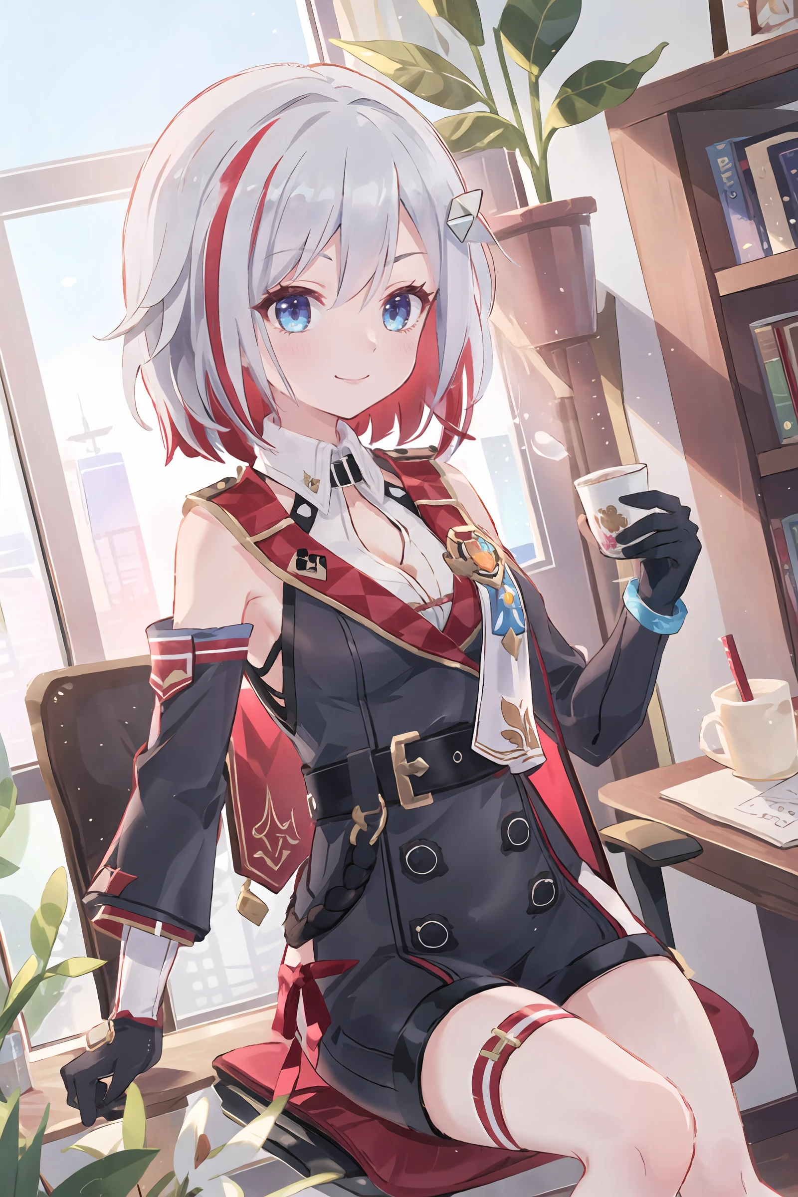 1girl, topaz \(honkai: star rail\), solo, black gloves, thigh strap, hair ornament, unitard, detached sleeves, badge, side cape, belt, light smile, looking at viewer, cowboy shot, floor-to-ceiling window, cityscape, starry sky, holding wine glass, <lora:face-sensualface_type2:0.7>, ecstasy, gasping, masterpiece