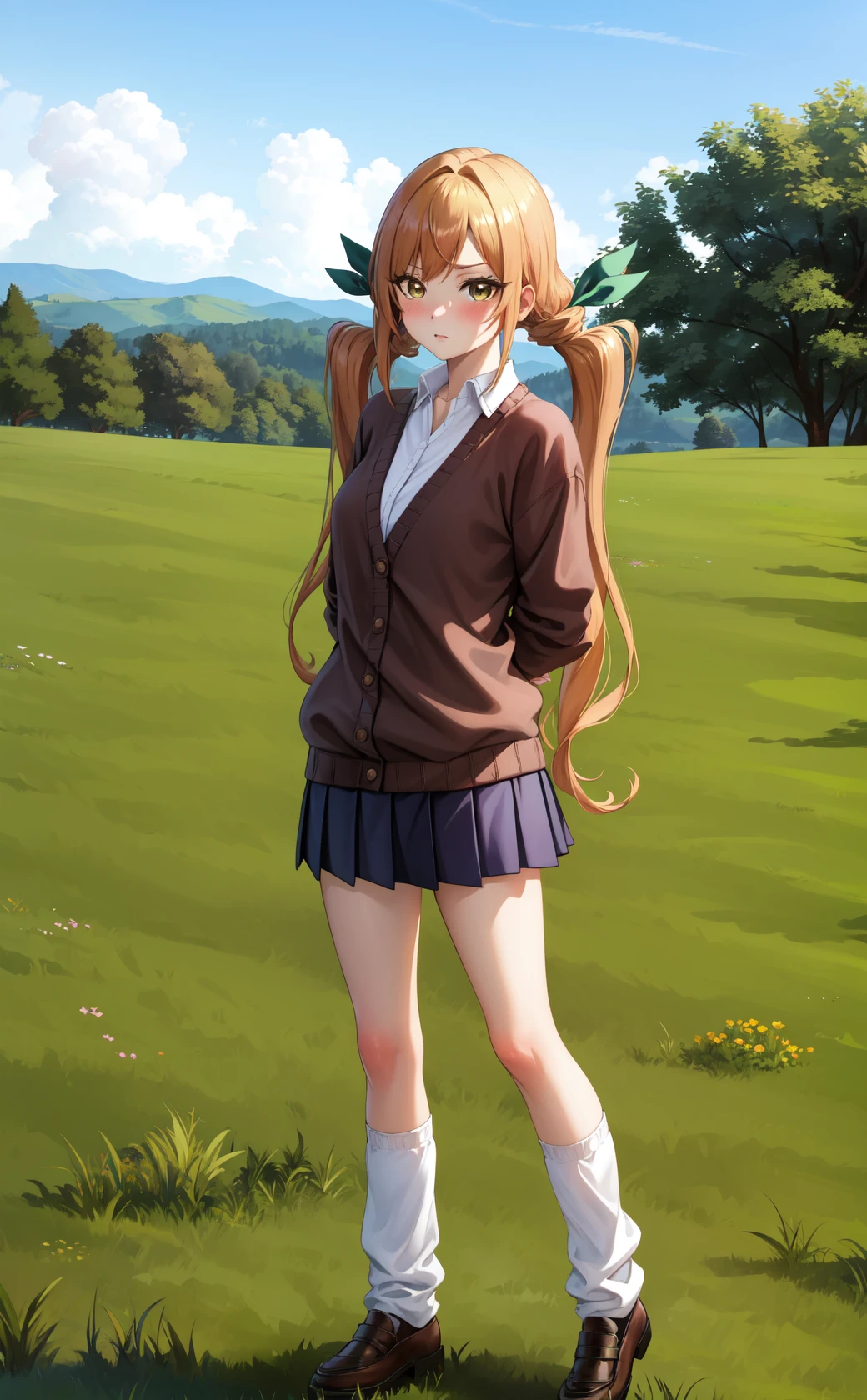 masterpiece, best quality, highres,
IndaDef, 1girl, solo, orange hair, v-shaped eyebrows, brown eyes, yellow eyes, very long hair, long hair, twintails, low twintails, hair ornament, blush, bangs, hair ribbon, ribbon, green ribbon,
skirt, shirt, long sleeves, school uniform, white shirt, pleated skirt, collared shirt, black skirt, sleeves past wrists, dress shirt, cardigan, puffy long sleeves, cropped legs, brown cardigan, shoes, socks, white socks, loafers, loose socks,
, full body, looking at viewer, arms behind back, outdoors, forest, field, sky, blue sky, sunlight, grass, forest, <lora:LoRA_Inda:1>