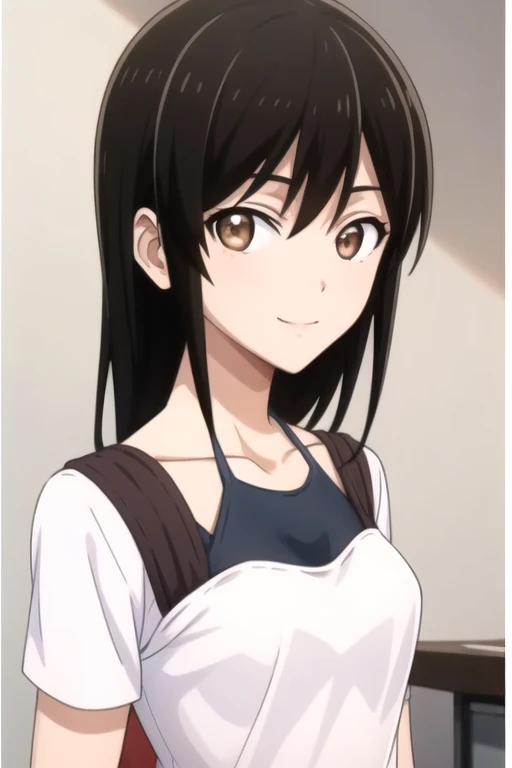 ((masterpiece)),(best quality),official art,extremely detailed CG,unity 8k wallpaper,ultra detailed,beautiful detailed eyes,extremely detailed face,office,1girl,solo,upper body,(portrait:1.5),looking at viewer,facing viewer,smile,long_hair,black_hair,sidelocks,bangs,brown_eyes,collarbone,white shirt,short_sleeves,medium_breasts,black_thighhighs,brown_shorts,loafers,<lora:Ashisu Sahoto(mstast)>,