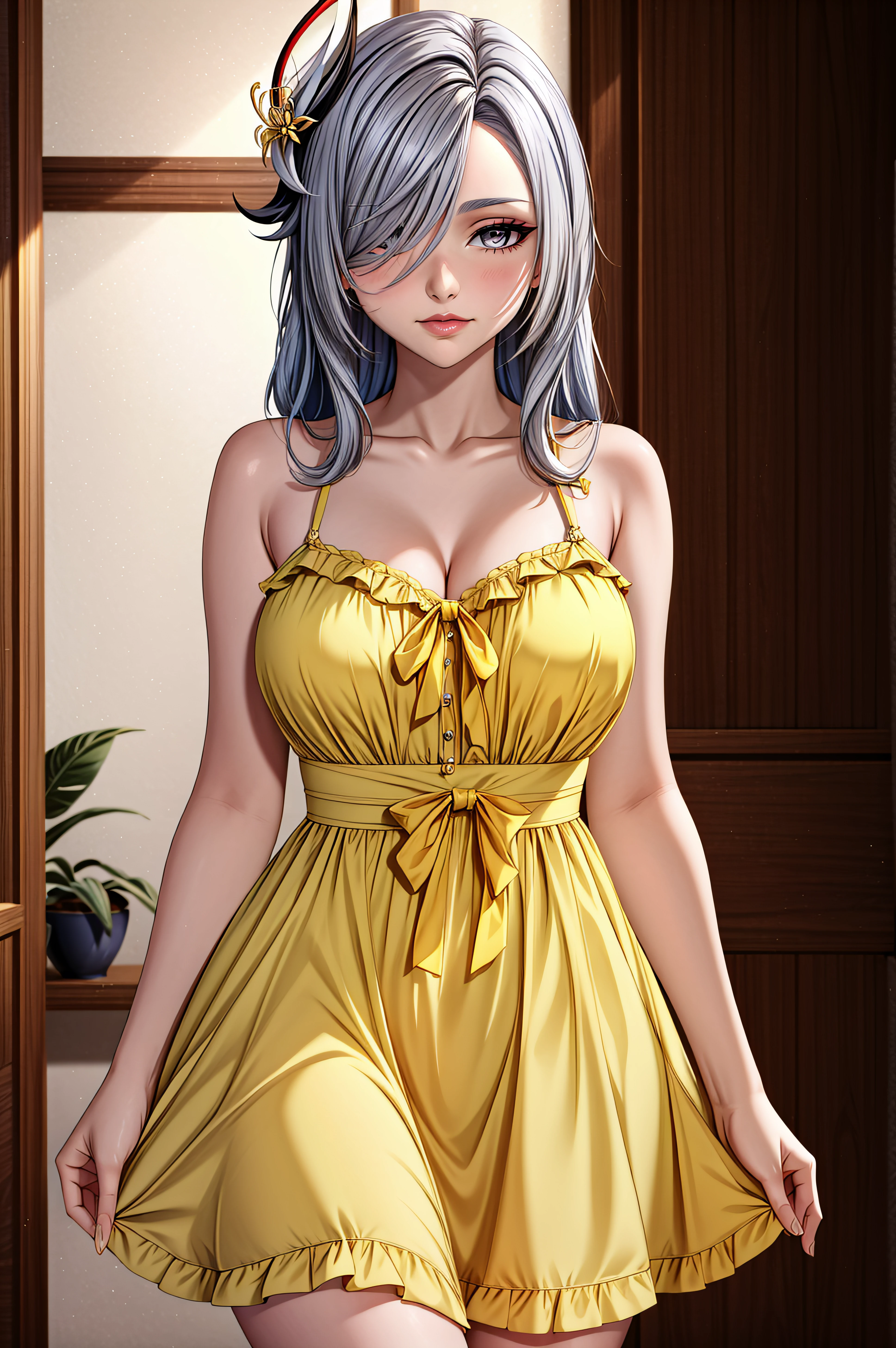 (masterpiece, best quality), <lora:Shenhe-lora-Faxtron:0.8> shenhe \(genshin impact\), 1girl, solo, grey hair, hair over one eye, grey eyes, very long hair, large breasts, <lora:edgChamYellowSundress:0.8> edgYSD,woman wearing a yellow sundress,
<lora:add_detail:0.8>,