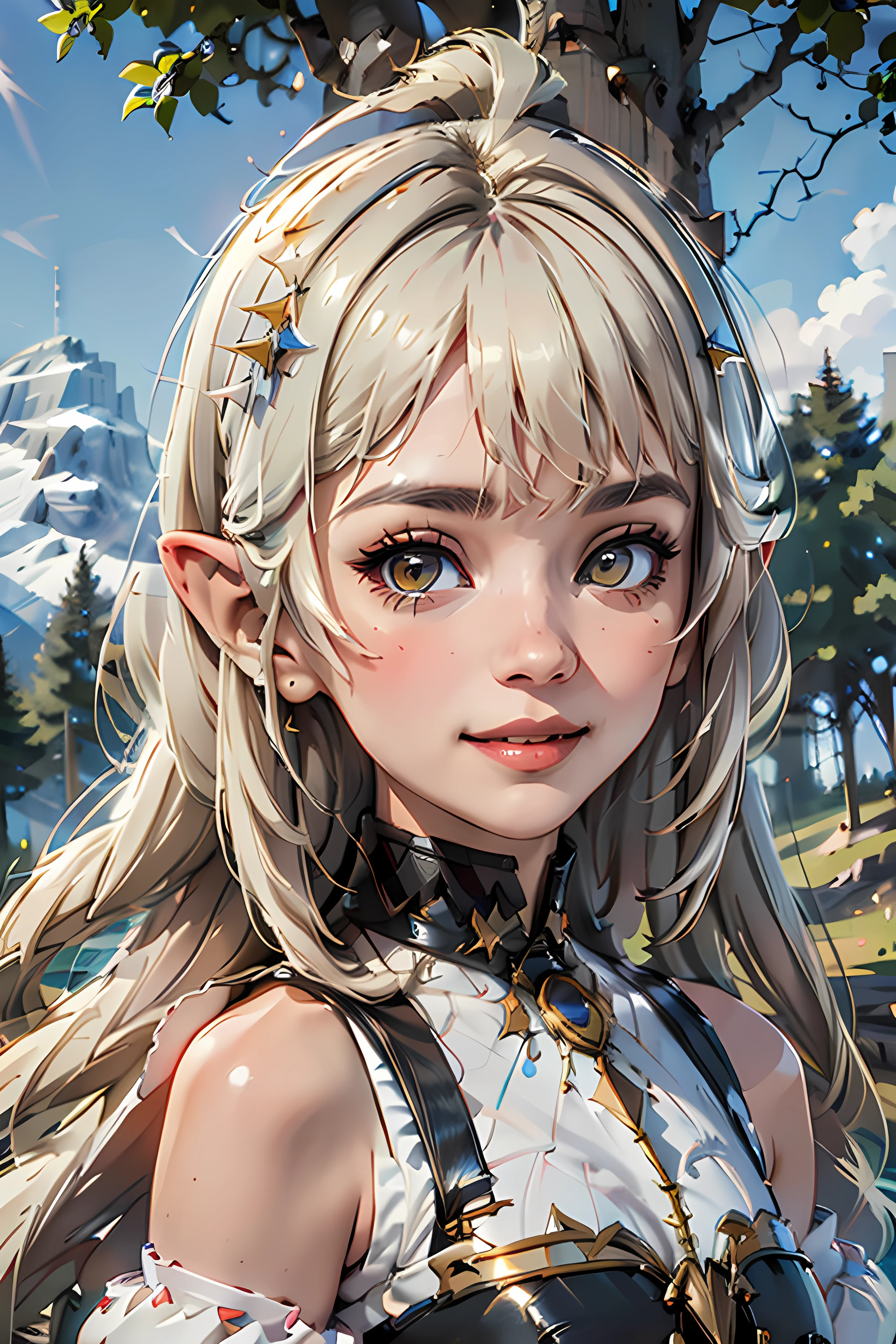 evadef, pointy ears, smile, forest, mountains,
masterpiece, ultra detailed,