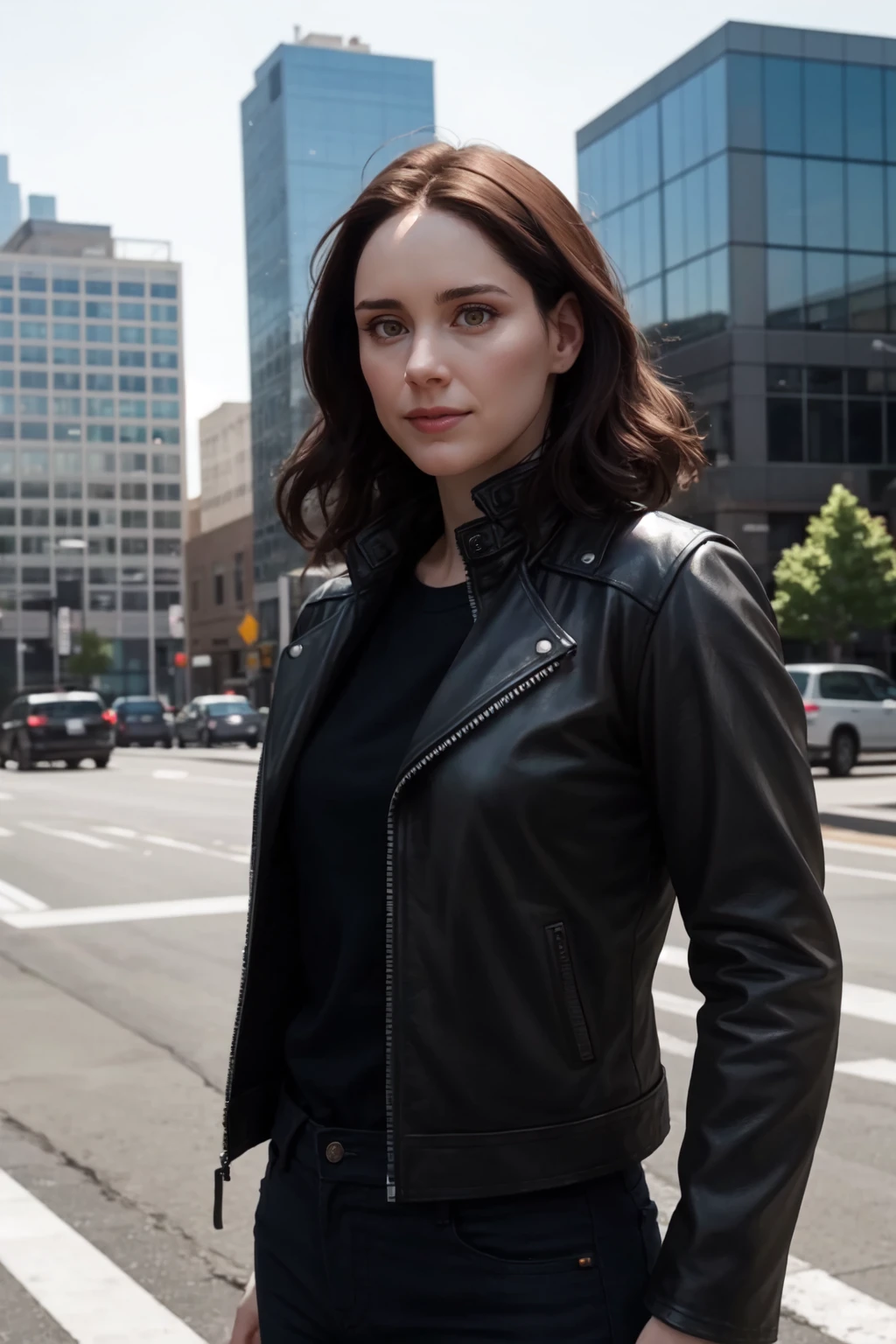 <lora:mondongo_LoRA_LauraFraser:1> mndngwmn, (ultra realistic, 8k,high quality),(medium shot), wearing a leather jacket, on a city downtown