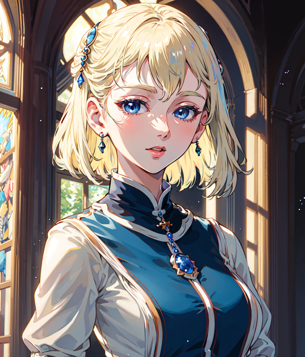 masterpiece, high res, detailed face, detailed eyes, anime screencap, 1 girl, solo, tear, closeup, short hair, white blonde hair, medium breasts, blue eyes, blue dress, staff, serious, indoors, church, eyes closed, cowboy shot <lora:Sarah:0.8>