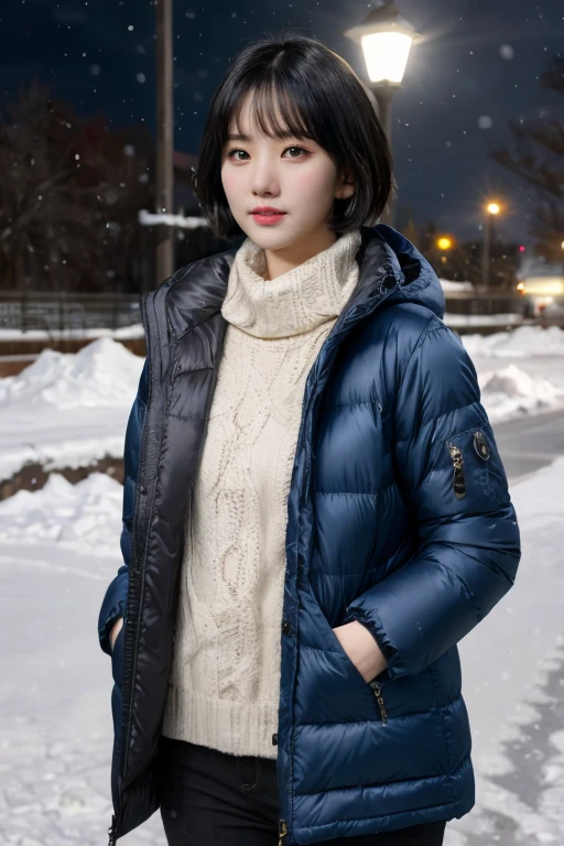 masterpiece, best quality, ultra-detailed, ultra high res, (photorealistic:1.4), raw photo, (realistic:0.2), CG, 8k HDR, perfect lighting, 1girl, solo, looking at viewer, (winter clothes, padded jacket), outdoor, (snow, snowflakes), night, scattered cloud, aurora sky, upper body, lower body, asymmetrical short hair, (detailed oily skin, medium breasts:0.8), (detailed face), (detailed background :1.1), hands in pocket, cold weather,