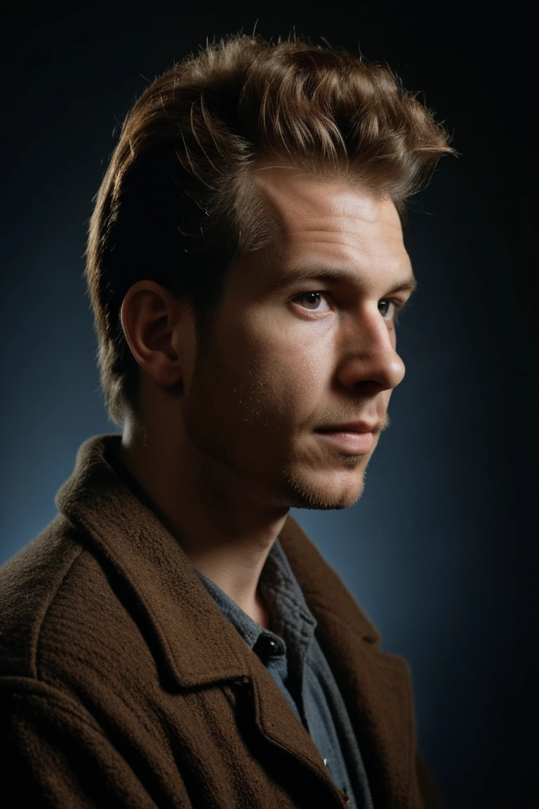 photograph, 1950'S Male, his hair is Chestnut, Rembrandt lighting, double exposure, Iphone X, 800mm lens, Velvia, trending on CGSociety, ultra high res, idyllic